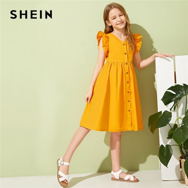 

shein kiddie girls v neck solid ruffle trim button front cute dress teenagers 2019 summer cap sleeve knee length dresses, Red;yellow