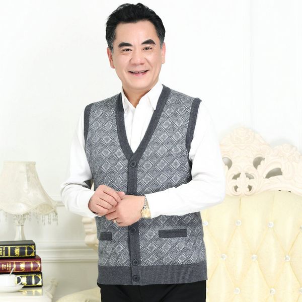 

elderly man casual cashmere vest grandfather gray plaid textured knit waistcoat mature men autumn herringbone gilet plus size, Black;white