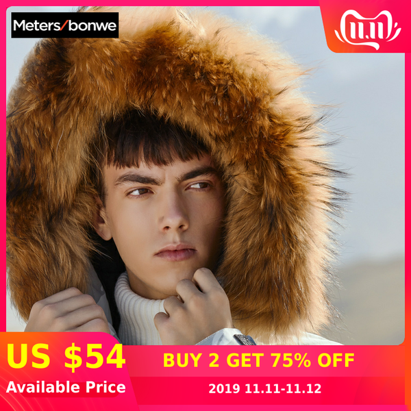 

metersbonwe men's parkas thick down jacket outwear medium duck down coat warm climbing parkas clothes snow coat with real fur, Black