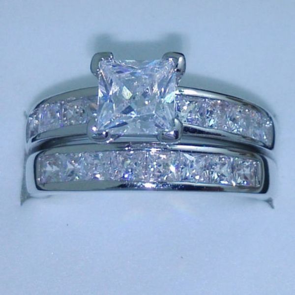 Atacado em tamanho 5/6/7/8/9/10 Jóias 10kt ouro branco cheio Topaz corte da princesa dom set casamento anel de diamante simulado com caixa