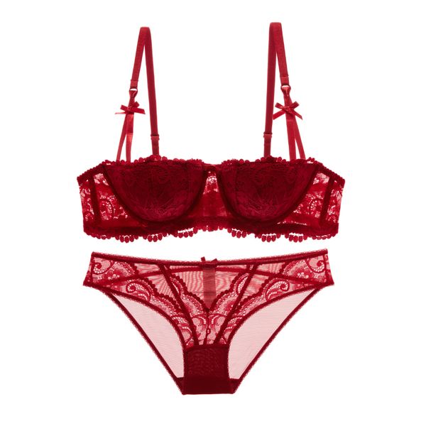 

new lace red underwear luxury comfortable padded bra panties set plus size cup abcd women bra half cup, Red;black