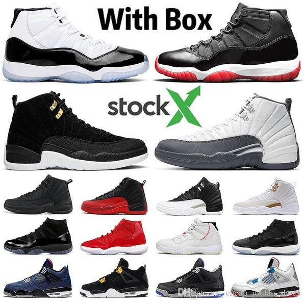 

bred 11 mens women basketball shoes dark grey 12s concord 11s reverse taxi what the 4s metallic silver men trainer fashion sports sneakers, White;red