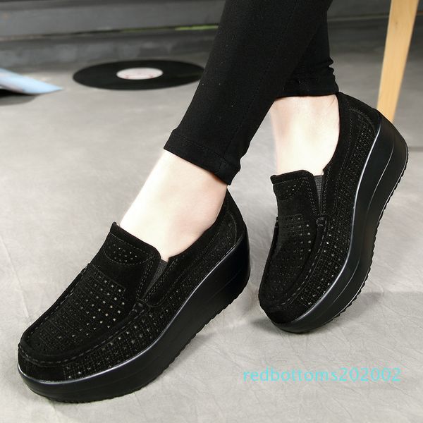 

2020 autumn women flat platform loafers shoes ladies suede leather hollow casual shoes slip on flats moccasins creepers r02, Black