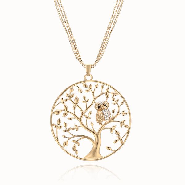 

Gold Tree of Life Owl Necklace Big Round Pendant Long Chains Sweater Necklace for Lady Luxury Designer Jewelry Women Necklace