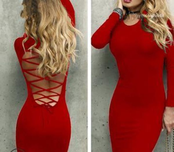 

summer spring long sleeved party bodycon dress solid color back bandage designer dresses women clothes, White;black