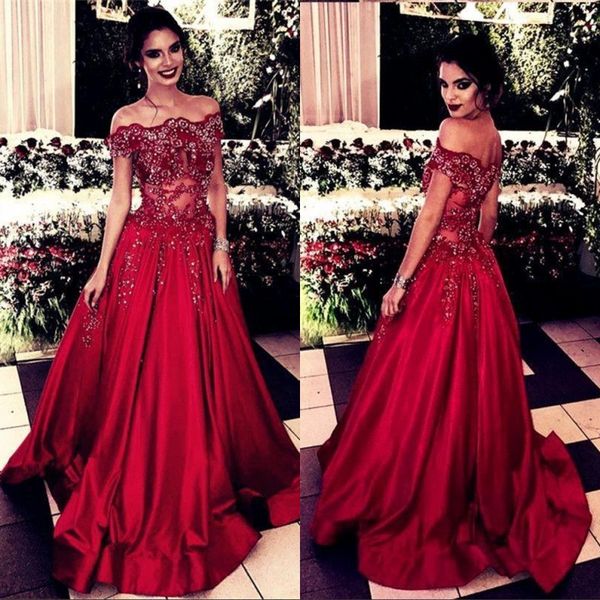 

new elegant off the shoulder lace beads prom party dresses 2019 short sleeves sheer formal evening dresses gowns, Black