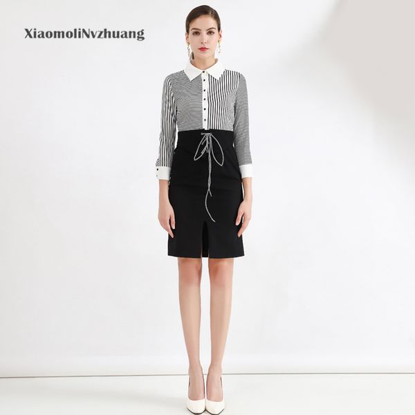 

xiaomoli simple stripe shirt collar dress, retro fashion fake two waist bow 2020 new women's clothing spring and summer, Black;gray