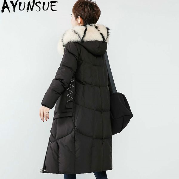 

ayunsue женская зимняя пуховая куртка длинный белый утка вниз пальто большой меховой воротник теплый корейский фугу куртка 2019 wf1y8020y kj, Black