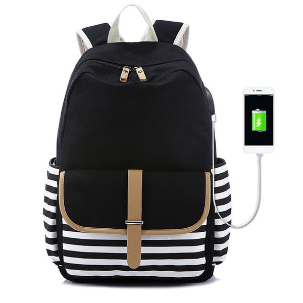 

fashion canvas navy stripe backpack travel shoulder bag rucksack with usb port