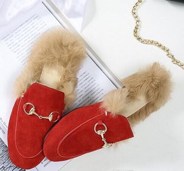 

women fur slippers mules suede flats genuine leather designer fashion loafers shoes metal chain ladies casual shoe, Black