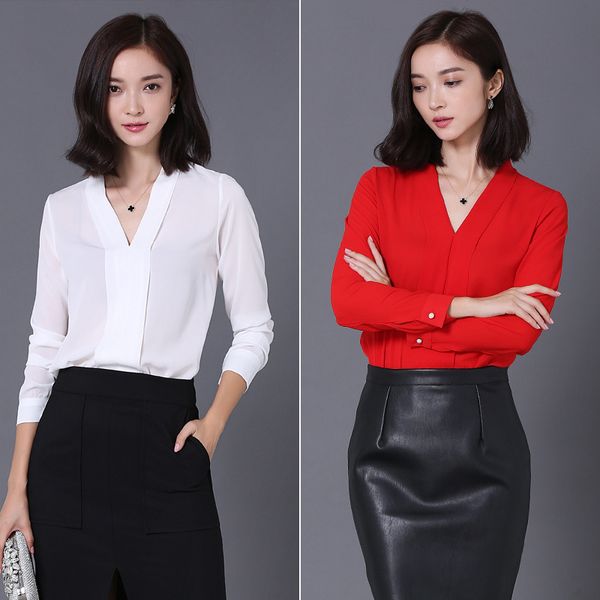 

women's clothing tees t-shirt 2019 spring summer plus size office occupation chiffon blouse v-neck long sleeve shirt loose t-shirt top, White