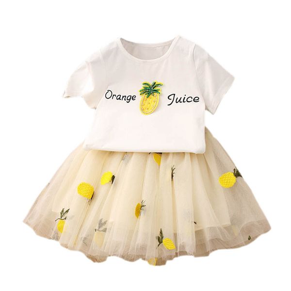 

cute baby girls clothes sets summer short sleeve pineapple print t shirts and embroidery tutu skirt 2pcs fashion kids baby set, White