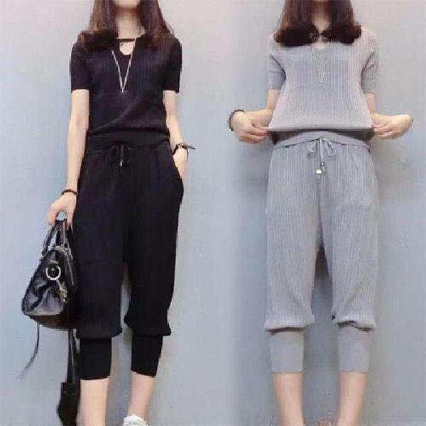 

tileewon casual two piece set short sleeve with pant solid color plus size 5xl ladies summer sets, White