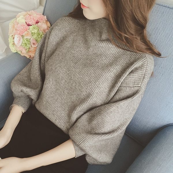 

autumn women sweaters jumper pullover solid casual long lantern sleeve loose knitted turtleneck sweater female new, White;black