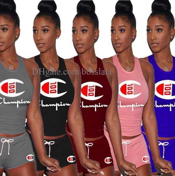 

Летние женщины из двух частей одежды чемпион комплект одежды спортивный костюм Love Love розовые костюмы Crop Top майка шорты леггинсы девушки спортивная одежда