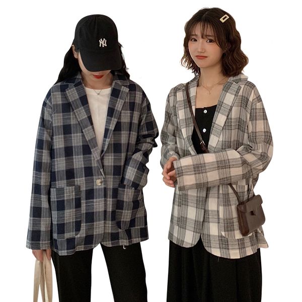 

women's suits & blazers spring autumn 2021 korean retro plaid loose wild small suit british style jacket women outerwear m136, White;black