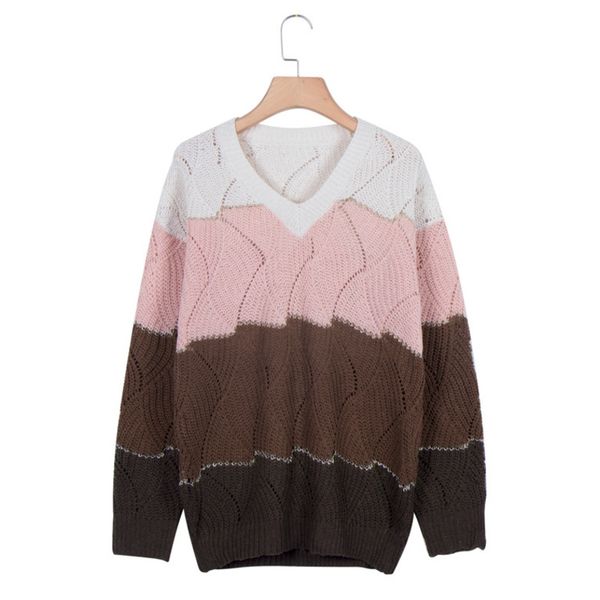 

omchion 2020 women vintage splice autumn ladies pullover jumper winter v-neck long sleeve patchwork knitted sweater lsm10, White;black