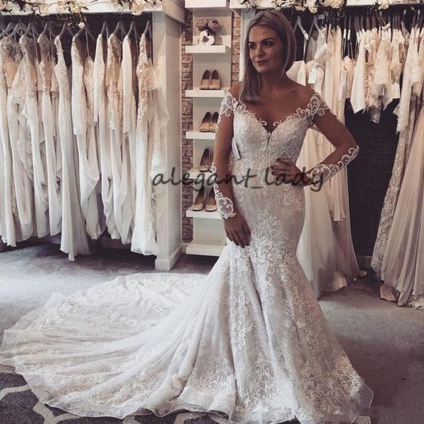 

vestidos де novia 2019 с длинным рукавом русалка свадебные платья полное кружева аппликация sheer jewel шея arabic иллюзия покрытые кнопки с, White