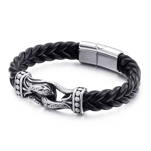 

simple titanium steel jewelry leather leather rope men's double buckle bracelet personality braided bracelet, Black