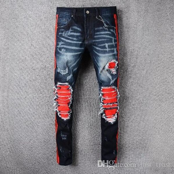 

hiphop популярных известный vintage distrressed аппликация ripped мотоцикл байкер молнии мужских джинсов мужских брюк-карго vaqueros hombre, Blue