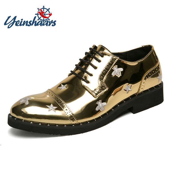 

yeinshaars mens dress shoes luxury italian style fashion mens formal shoes trend star bee pattern bring leather, Black