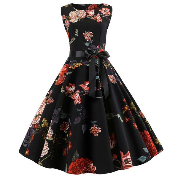 

summer dress women party nigh black floral print party knee-length dress sleeveless dresses vintage women clothes, Black;gray