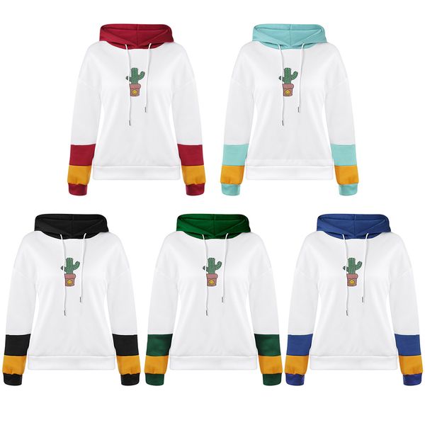 

langstar drawstring splice color cactus women hoodie spring fall long sleeve casual sporty pullover cotton sweatshirt women top, Black