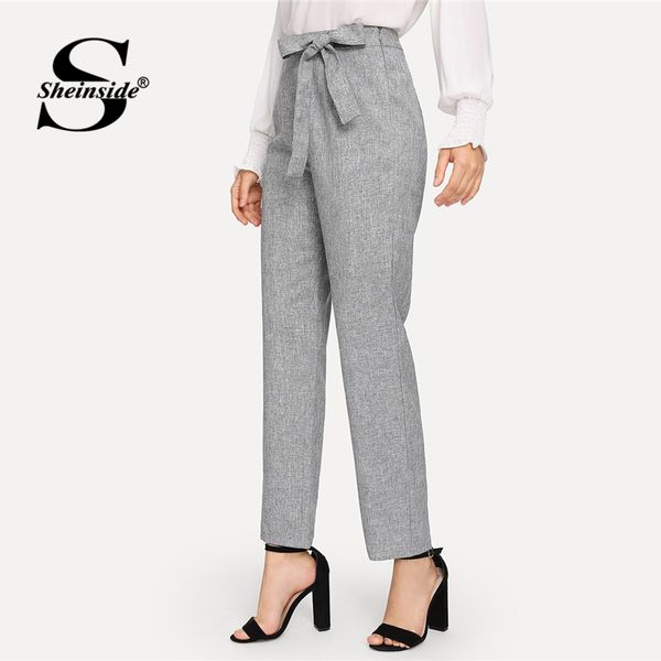 

sheinside grey wide waistband marled pants 2019 spring mid waist casual long pants lady workwear solid straight leg, Black