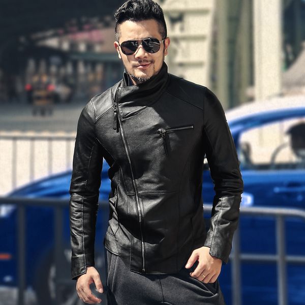 

british style pocket zipper outerwear genuine leather lapel collar jacket mens luxury slim fit short sheepskin coat, Black