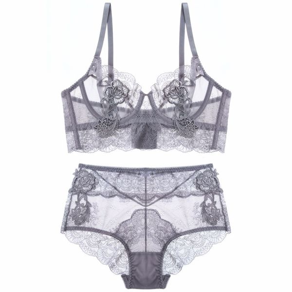 Floral Stickerei Sexy Dessous Spitze Weibliche Dessous Ultradünne Tasse Frauen Mode Bh Set Transparente Bhs Hohe Taille HöschenQ190401