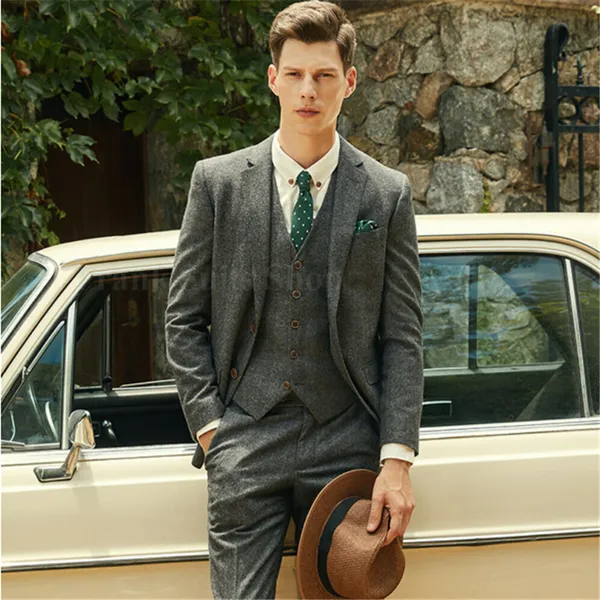 

traje de tweed de espiga verde lana hecho a medida para hombre estilo britÃ¡nico blazer ajustado para boda traje hombre, White;black