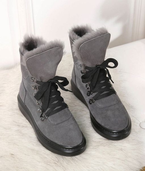 

2019 platform booties australia designer half boots men/women luxury plush shoes dark grey genuine leather boots flat bottom, Black