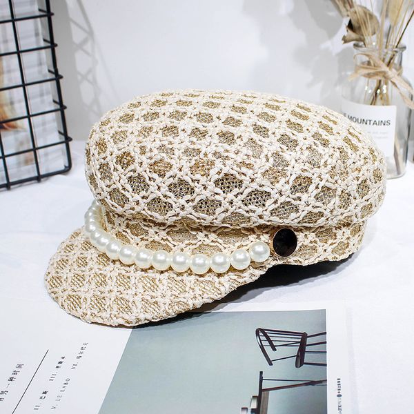 

beret aristocratic temperament perfume pearl gold wild fashion navy hat british berry cap 2019 new jewelry, Blue;gray
