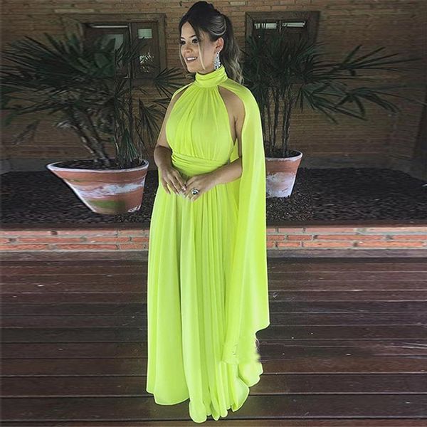 

Fashion Chiffon High Neck Evening Dresses With Cape A Line Custom Made Arabic Party Gowns Kaftan Celebrity Occasion Gowns