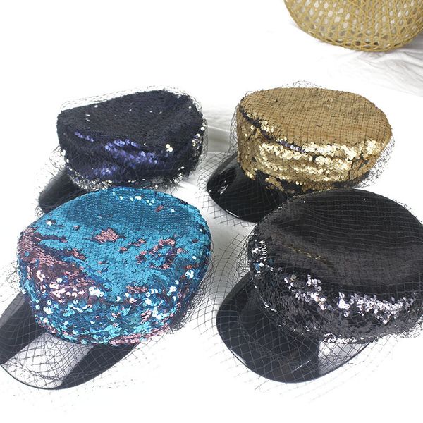 

glitter beret hats for women eye catching mesh night club multi colors gold color stage performance girls navy hat supply manufacturers, Blue;gray