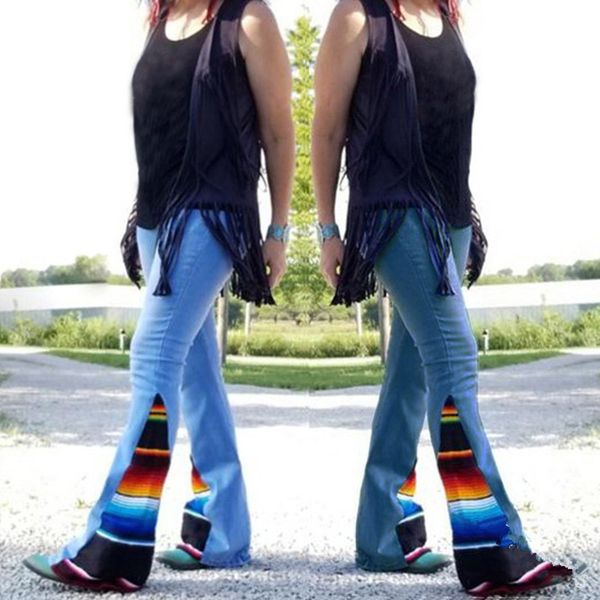 

Rainrow Color Panelled Womens Flare Jeans Fashion Women Long Pants With Zipper And Pocket Designer Pants