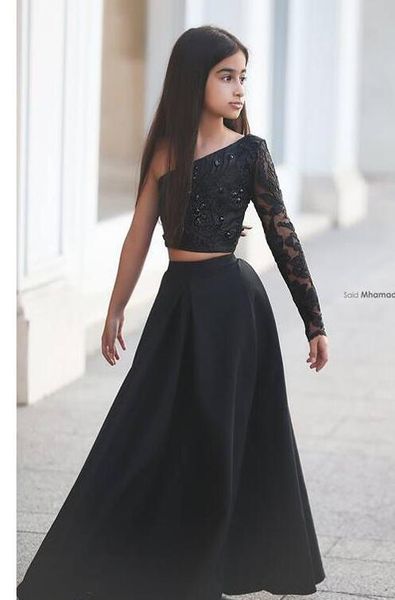 2019 bescheidene Spitze kleine Mädchen-Festzug-Kleider zweiteilige One-Shoulder-Perlen schwarzes Blumenmädchenkleid für Kinder-Teenager-Party billig individuell angepasst