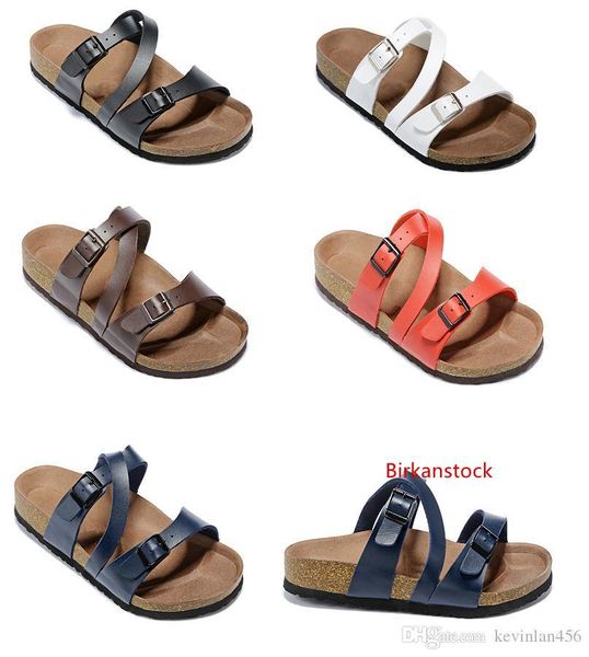 

новая корова кожа тапочки белый красный mens flat sandals женская обувь две пряжки моды дизайн arizona summer beach лучшие качества с origna