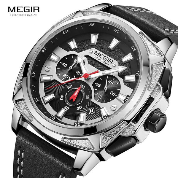 

megir casual leather quartz watches men luxury brand chronograph watch man relogio masculino sport wristwatch 2128, Slivery;brown