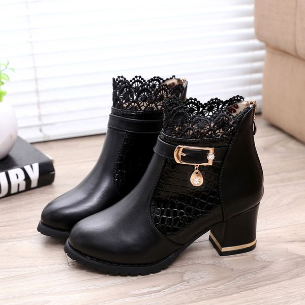 

sagace winter pattern high-heeled coarse heel boots frenulum waterproof thick bottom large code black women boots 34-43
