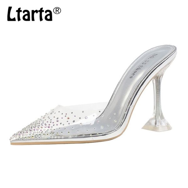 

ltarta 9cm pointed shallow mouth high heel women's shoes transparent shallow mouth cat heel rivet women slippers lsj, Black