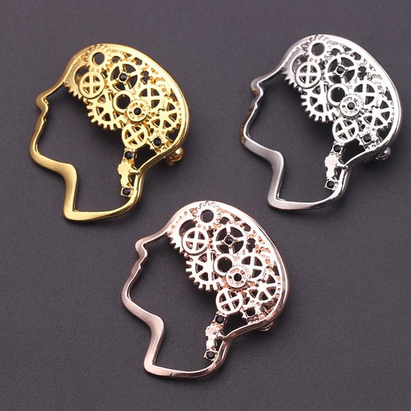 

metal gear brain brooch women men vintage head portrait brooch suit lapel pin fashion jewelry 3 colors, Gray