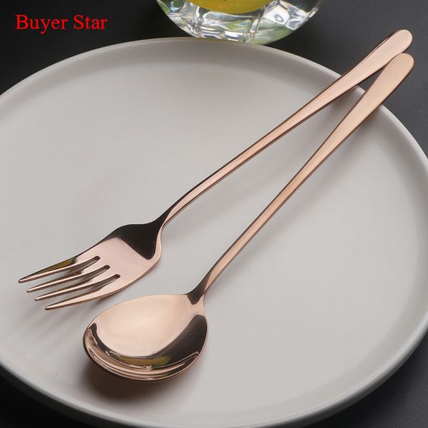 

2pc korean 18/10 stainless steel dinnerware dinning forks gold salad spoon set long handle black korean spoons kitchen tools