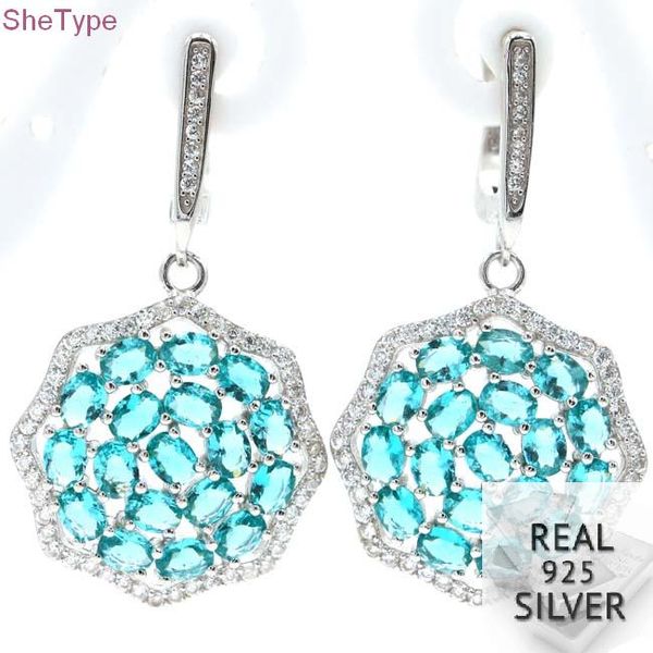 

shetype 7.7g rich blue aquamarine white cz mother'sday gift 925 solid sterling silver earrings 44x21mm, Golden;silver