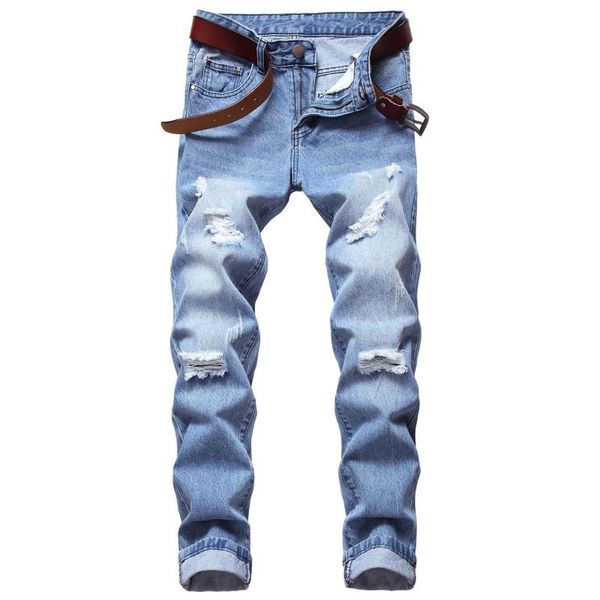 

men's jeans clothing straight slim solid color casual denim men zippers full length light hole mid, Blue