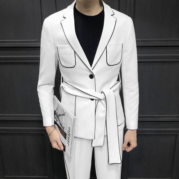 

men's suits & blazers 2021 spring long sleeve belt decoration man's korean cultivation dress man suit ternos masculino 2 pcs( jack, White;black