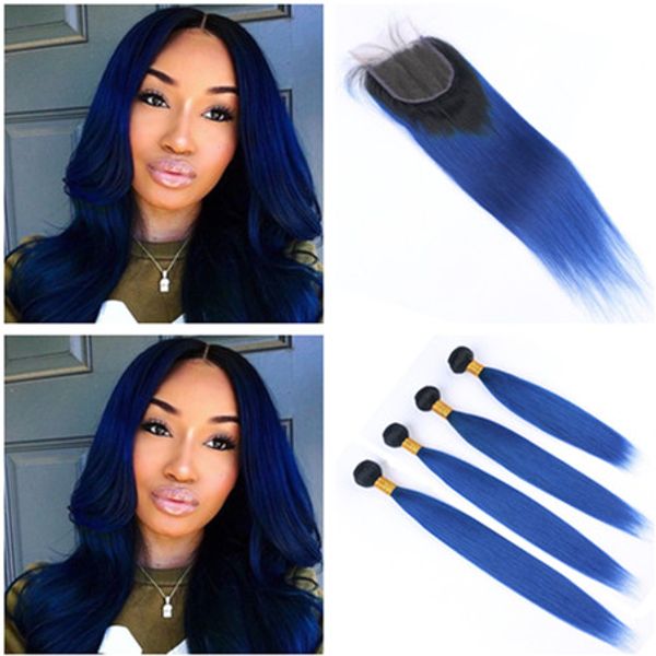 2019 Black And Dark Blue Ombre Malaysian Virgin Human Hair Bundles With Closure Straight 1b Blue Ombre Weaves With 4x4 Lace Front Closure From