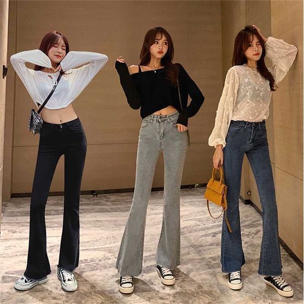 

korean version of high waist hyuna jeans women's loose mini bell bottom super fire cec pants women's straight down wide leg pant, Blue
