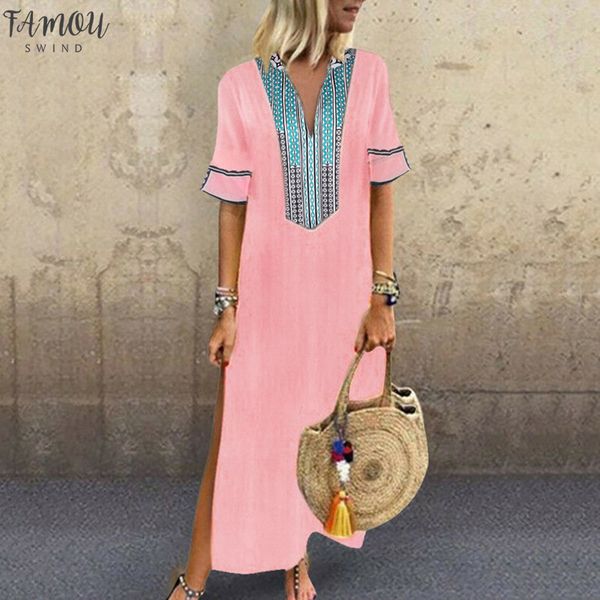 

laamei 2020 new women's boho long dress summer slim flower print short sleeve slit dress beach black dresses plus size 5xl, Black;gray