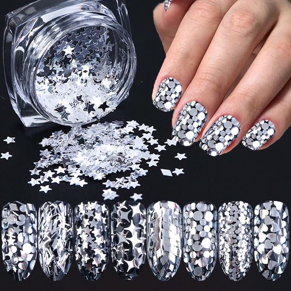 

8 box/set nail art glitter sequins for manicure mirror sliver round heart flakes paillette nail art decorations tips sa1506-09, Silver;gold